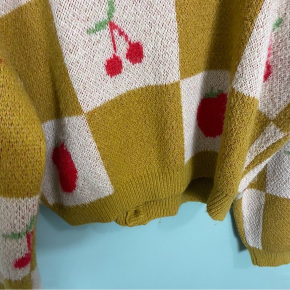 Lisa Says Gah Lauda Knit Fruit Cardigan Yellow Cherry Strawberry Plaid M & L - Picture 8 of 9